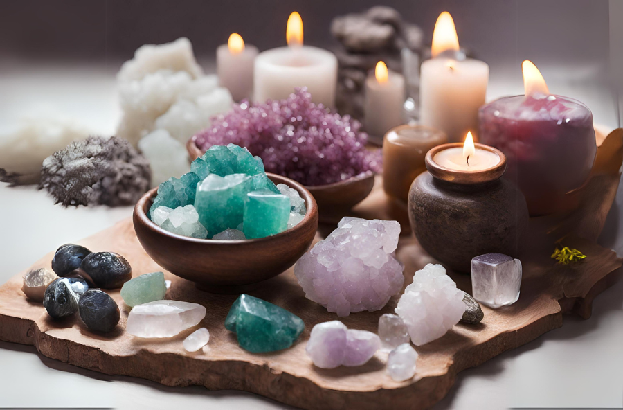 A serene spa setting featuring a variety of healing crystals strategically placed on a massage table, with soft lighting and natural elements creating a tranquil atmosphere.