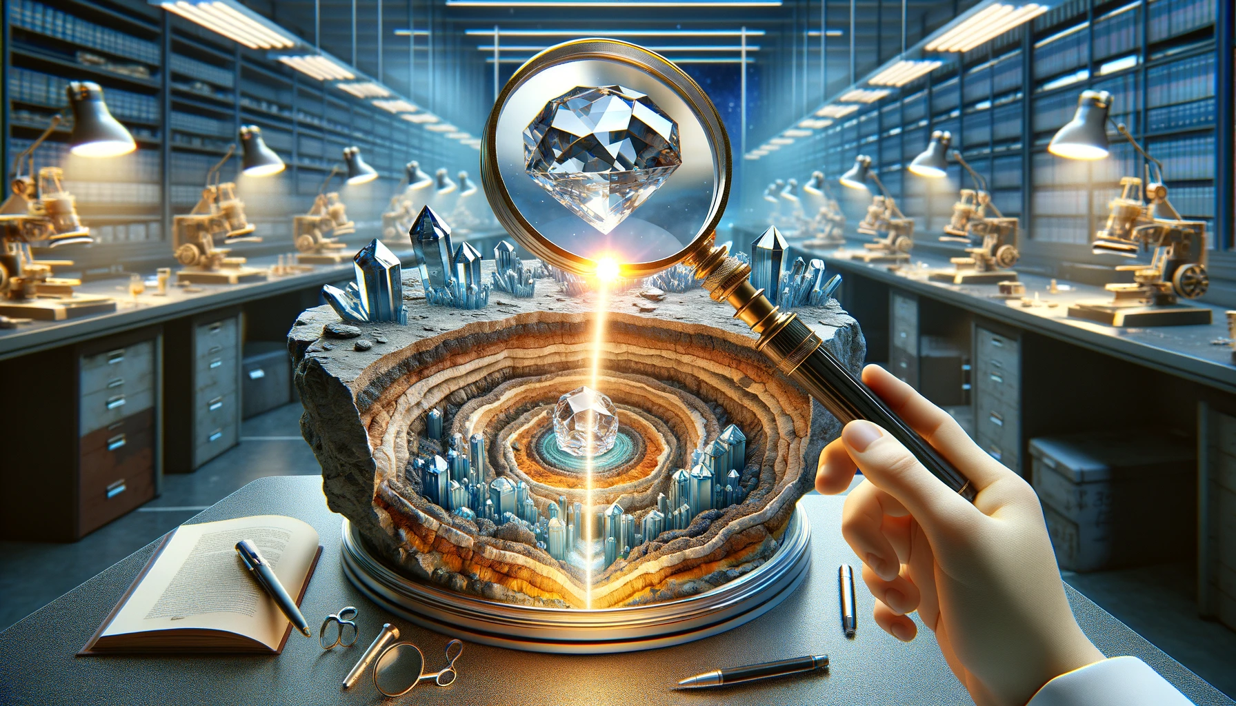 A wide hyper-realistic image depicting a scientist's hand holding a magnifying glass over a brilliant gem emerging from the earth, with a cross-sectional view beneath revealing layers of rock and nascent gems. The background features a modern laboratory with scientific instruments and mineralogy books, illustrating the detailed study of gem formation through crystallography.